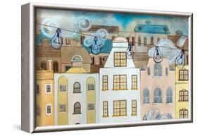 Whimsical City & Light Bulbs-null-Framed Art Print