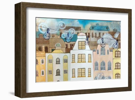 Whimsical City & Light Bulbs-null-Framed Art Print