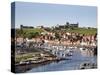 Whitby and the River Esk from the New Bridge, Whitby, North Yorkshire, Yorkshire, England, UK-Mark Sunderland-Stretched Canvas