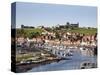 Whitby and the River Esk from the New Bridge, Whitby, North Yorkshire, Yorkshire, England, UK-Mark Sunderland-Stretched Canvas