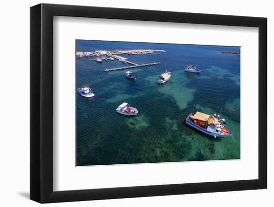 White and blue fishing boats in the water of Marzamemi harbour, Siracusa province-Paolo Graziosi-Framed Photographic Print