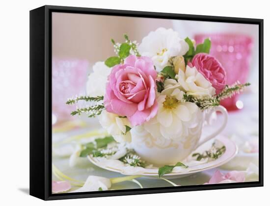 White and Pink Roses and Heather in a Cup-Friedrich Strauss-Framed Stretched Canvas