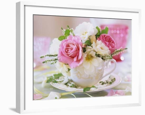 White and Pink Roses and Heather in a Cup-Friedrich Strauss-Framed Photographic Print