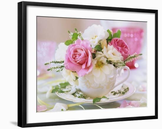 White and Pink Roses and Heather in a Cup-Friedrich Strauss-Framed Photographic Print