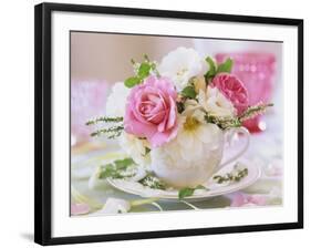 White and Pink Roses and Heather in a Cup-Friedrich Strauss-Framed Photographic Print