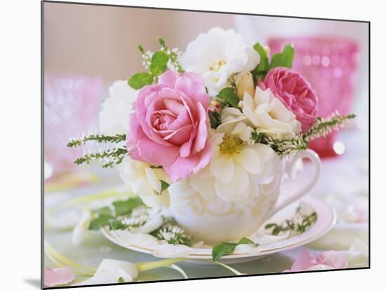 White and Pink Roses and Heather in a Cup-Friedrich Strauss-Mounted Photographic Print