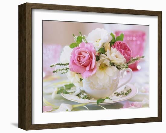 White and Pink Roses and Heather in a Cup-Friedrich Strauss-Framed Photographic Print