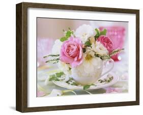 White and Pink Roses and Heather in a Cup-Friedrich Strauss-Framed Photographic Print