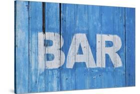 White Bar Sign Painted On A Dilapidated Blue Wooden Wall-Dutourdumonde-Stretched Canvas