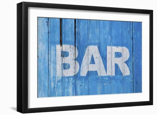 White Bar Sign Painted On A Dilapidated Blue Wooden Wall-Dutourdumonde-Framed Art Print