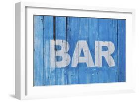 White Bar Sign Painted On A Dilapidated Blue Wooden Wall-Dutourdumonde-Framed Art Print