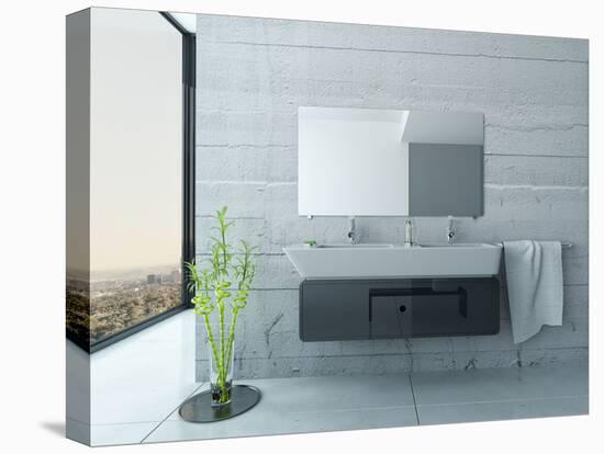 White Bathroom Interior with Concrete Walls and Tiled Floor-PlusONE-Stretched Canvas