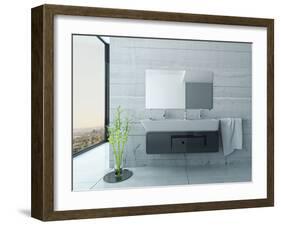 White Bathroom Interior with Concrete Walls and Tiled Floor-PlusONE-Framed Photographic Print