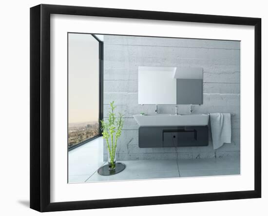 White Bathroom Interior with Concrete Walls and Tiled Floor-PlusONE-Framed Photographic Print