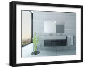 White Bathroom Interior with Concrete Walls and Tiled Floor-PlusONE-Framed Photographic Print