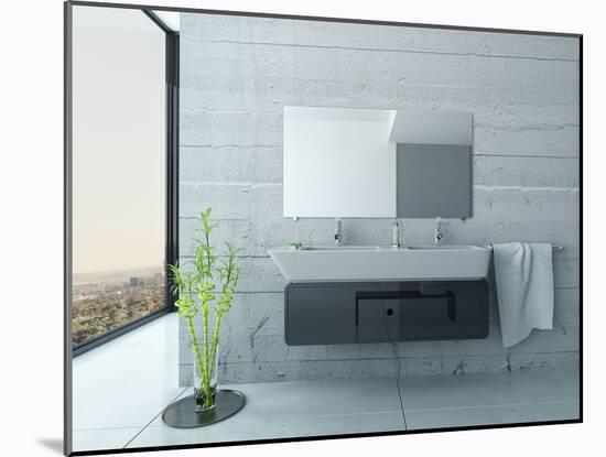 White Bathroom Interior with Concrete Walls and Tiled Floor-PlusONE-Mounted Photographic Print