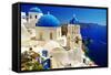 White-Blue Santorini - View of Caldera with Churches-Maugli-l-Framed Stretched Canvas