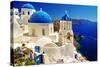 White-Blue Santorini - View of Caldera with Churches-Maugli-l-Stretched Canvas