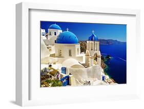 White-Blue Santorini - View of Caldera with Churches-Maugli-l-Framed Photographic Print