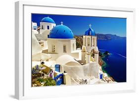 White-Blue Santorini - View of Caldera with Churches-Maugli-l-Framed Photographic Print