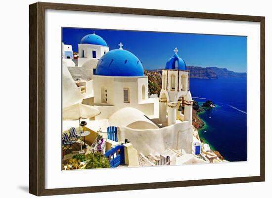 White-Blue Santorini - View of Caldera with Churches-Maugli-l-Framed Photographic Print