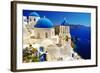 White-Blue Santorini - View of Caldera with Churches-Maugli-l-Framed Photographic Print