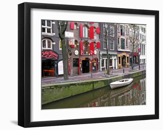 White Boat in Red Lights District, Amsterdam-Igor Maloratsky-Framed Art Print