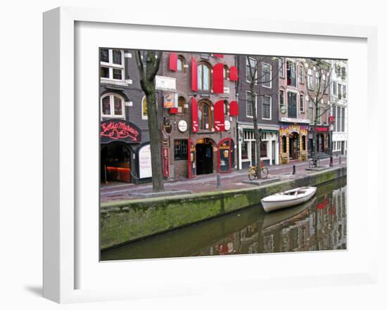 White Boat in Red Lights District, Amsterdam-Igor Maloratsky-Framed Art Print