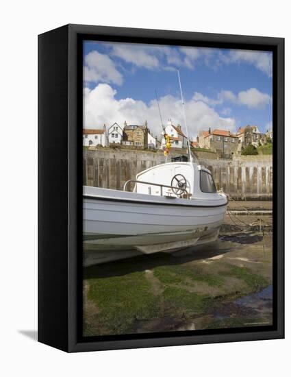 White Boat on the Landing in Harbour at Low Tide with Old Bay Area of Fishing Village-Pearl Bucknall-Framed Stretched Canvas