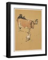 White Bulldog Approaches a Docile-Looking Cow in a Field-Cecil Aldin-Framed Art Print