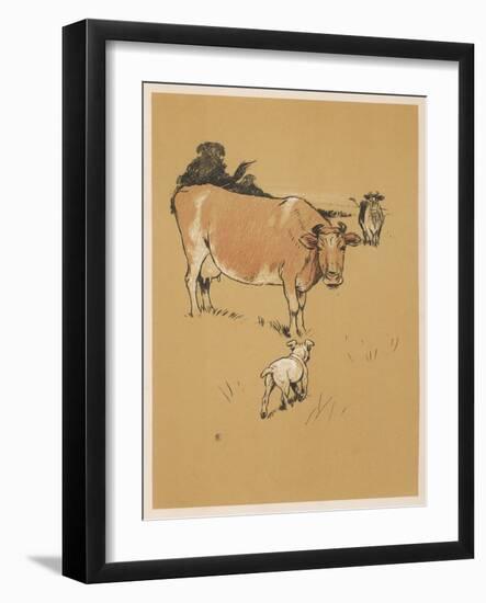 White Bulldog Approaches a Docile-Looking Cow in a Field-Cecil Aldin-Framed Art Print