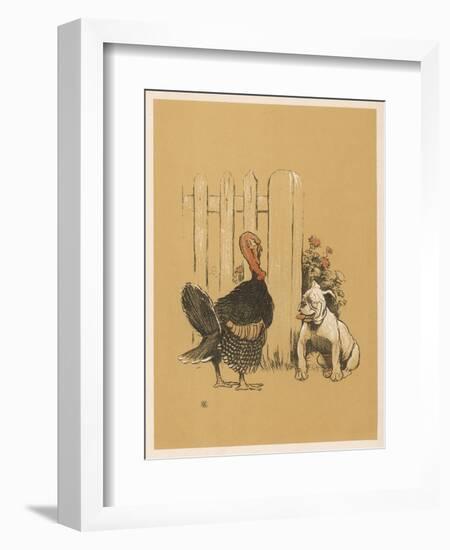 White Bulldog Looks up Enquiringly at a Rather Stern- Looking Turkey Cock-Cecil Aldin-Framed Art Print