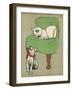 White Cat Relaxes on a Comfy Chair While a White Puppy Tries to Pull His Irritating Collar Off-Cecil Aldin-Framed Photographic Print