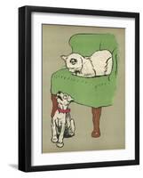 White Cat Relaxes on a Comfy Chair While a White Puppy Tries to Pull His Irritating Collar Off-Cecil Aldin-Framed Photographic Print