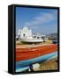 White Chapel With Blue Dome, Harbour and Boats, Hora, Mykonos, Cyclades, Greek Islands, Greece-null-Framed Stretched Canvas