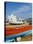 White Chapel With Blue Dome, Harbour and Boats, Hora, Mykonos, Cyclades, Greek Islands, Greece-null-Stretched Canvas