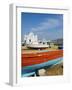 White Chapel With Blue Dome, Harbour and Boats, Hora, Mykonos, Cyclades, Greek Islands, Greece-null-Framed Photographic Print