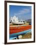 White Chapel With Blue Dome, Harbour and Boats, Hora, Mykonos, Cyclades, Greek Islands, Greece-null-Framed Photographic Print