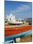 White Chapel With Blue Dome, Harbour and Boats, Hora, Mykonos, Cyclades, Greek Islands, Greece-null-Mounted Photographic Print