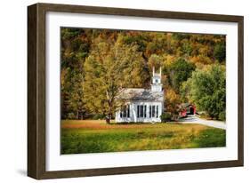 White Church And Red Covered Bridge-George Oze-Framed Photographic Print