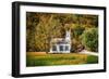 White Church And Red Covered Bridge-George Oze-Framed Photographic Print