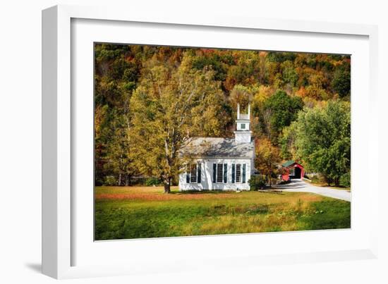 White Church And Red Covered Bridge-George Oze-Framed Photographic Print
