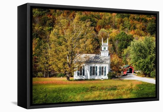 White Church And Red Covered Bridge-George Oze-Framed Stretched Canvas