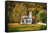 White Church And Red Covered Bridge-George Oze-Framed Stretched Canvas