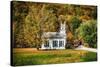 White Church And Red Covered Bridge-George Oze-Stretched Canvas