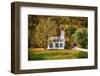 White Church And Red Covered Bridge-George Oze-Framed Photographic Print