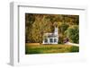 White Church And Red Covered Bridge-George Oze-Framed Photographic Print