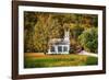 White Church And Red Covered Bridge-George Oze-Framed Photographic Print