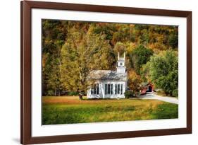 White Church And Red Covered Bridge-George Oze-Framed Photographic Print