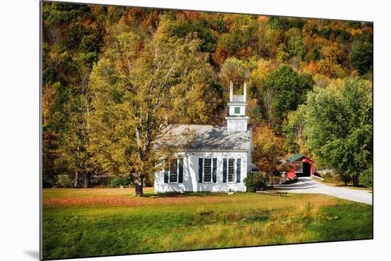 White Church And Red Covered Bridge-George Oze-Mounted Photographic Print